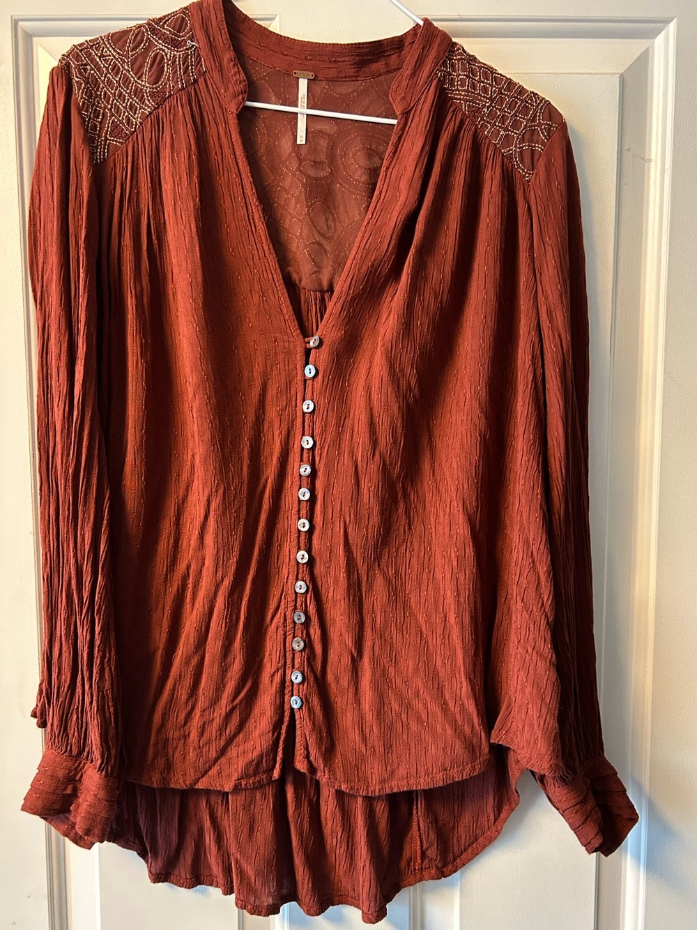 Free People Rust Button-Front Peasant Blouse